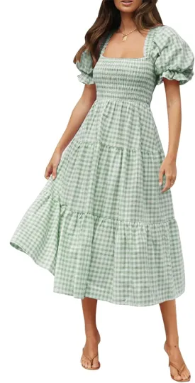 ZESICA Women's 2025 Bohemian Summer Plaid Square Neck Puff Sleeve Ruffle Flowy Beach Midi Dress