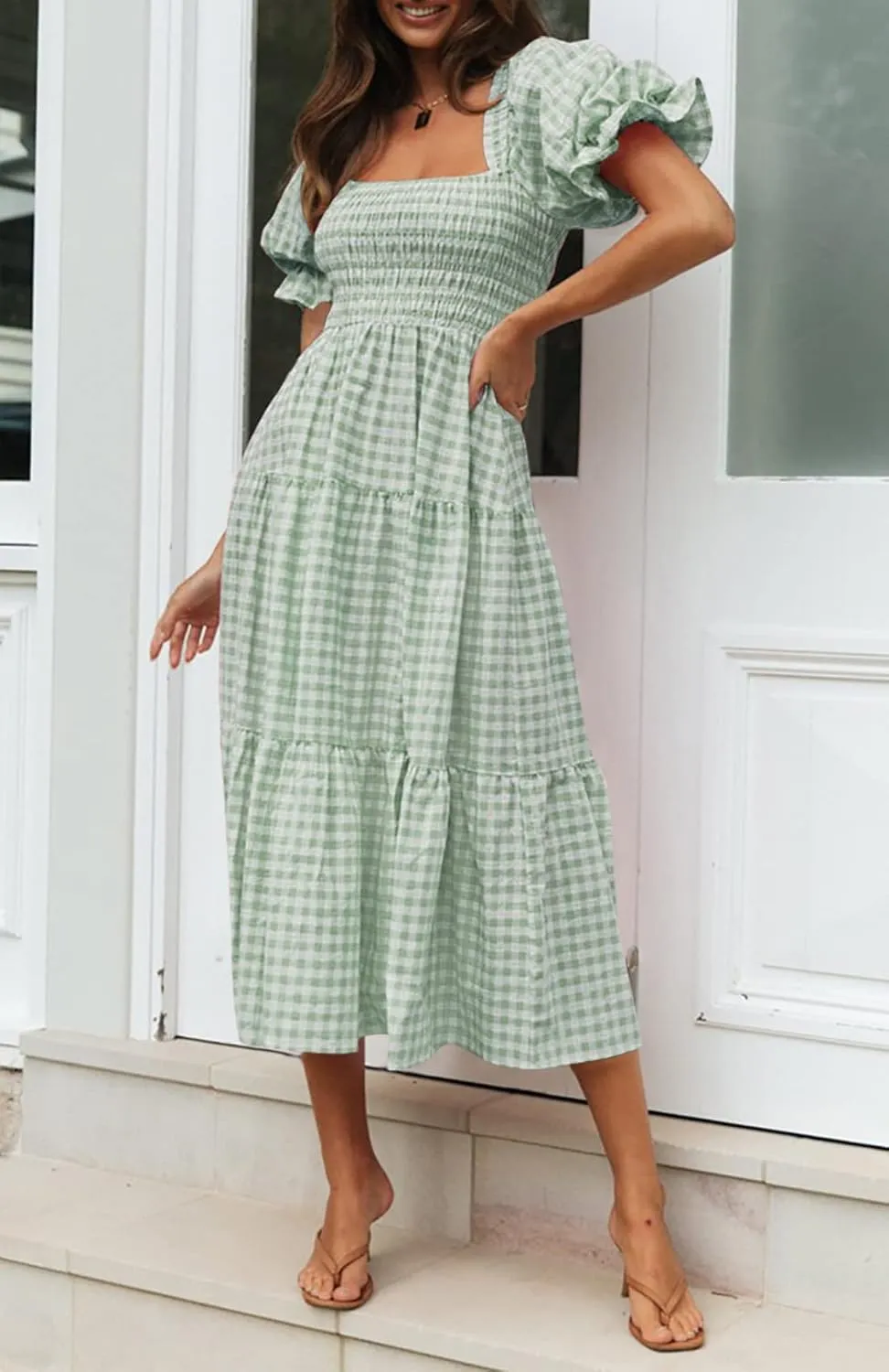 ZESICA Women's 2025 Bohemian Summer Plaid Square Neck Puff Sleeve Ruffle Flowy Beach Midi Dress