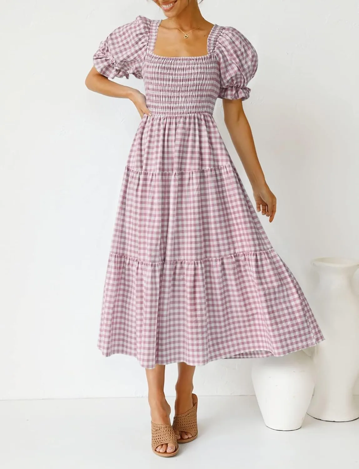ZESICA Women's 2025 Bohemian Summer Plaid Square Neck Puff Sleeve Ruffle Flowy Beach Midi Dress