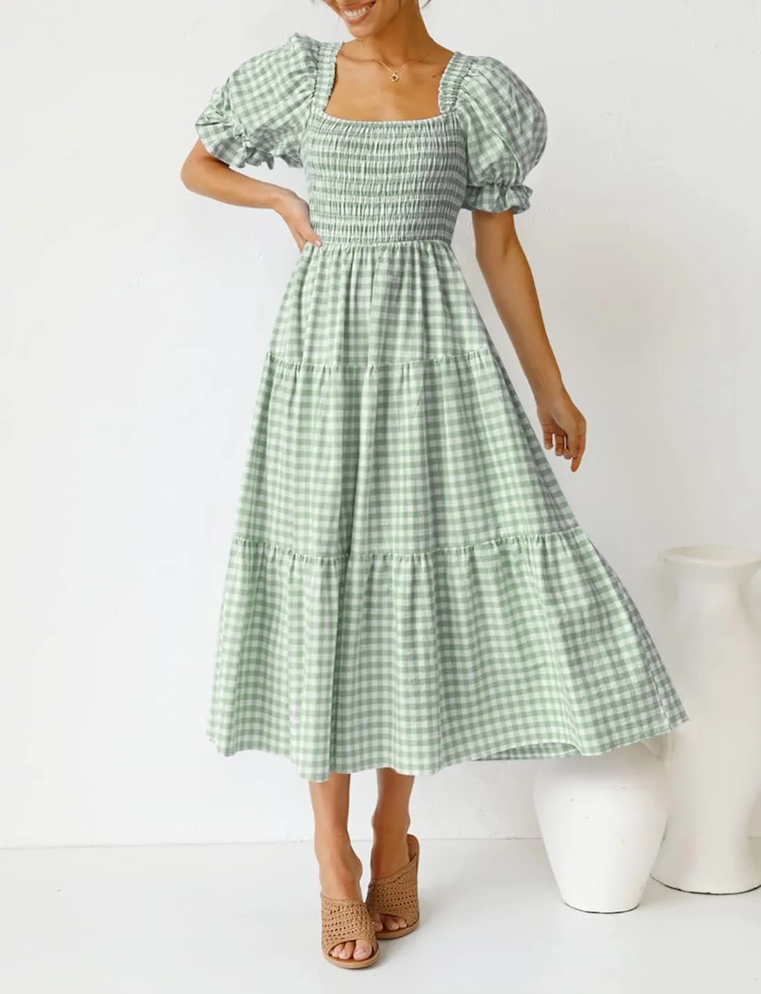 ZESICA Women's 2025 Bohemian Summer Plaid Square Neck Puff Sleeve Ruffle Flowy Beach Midi Dress