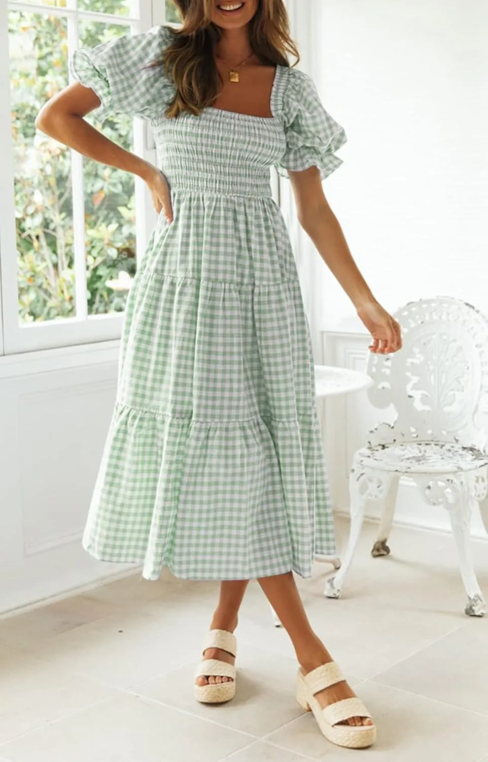 ZESICA Women's 2025 Bohemian Summer Plaid Square Neck Puff Sleeve Ruffle Flowy Beach Midi Dress