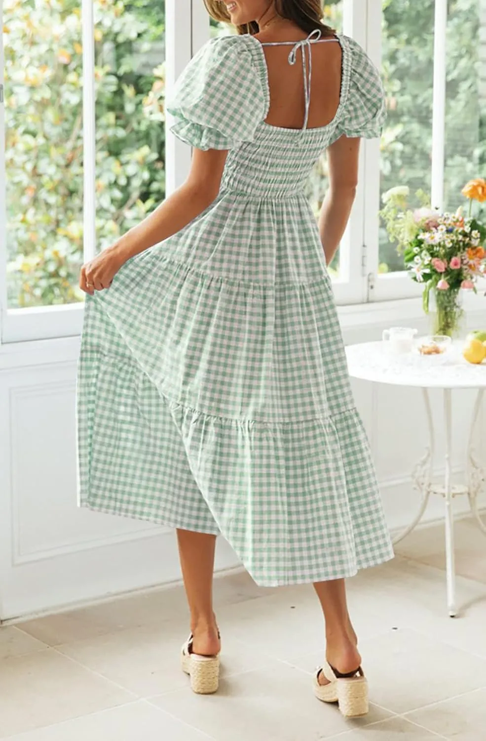 ZESICA Women's 2025 Bohemian Summer Plaid Square Neck Puff Sleeve Ruffle Flowy Beach Midi Dress