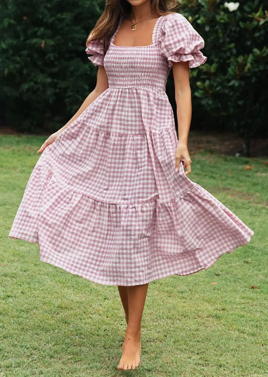 ZESICA Women's 2025 Bohemian Summer Plaid Square Neck Puff Sleeve Ruffle Flowy Beach Midi Dress