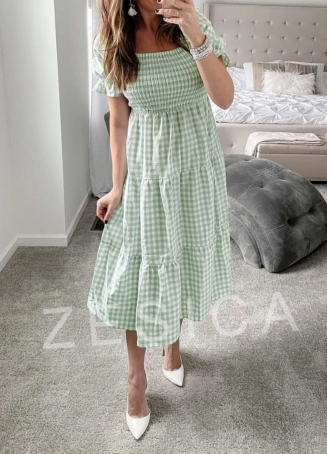 ZESICA Women's 2025 Bohemian Summer Plaid Square Neck Puff Sleeve Ruffle Flowy Beach Midi Dress