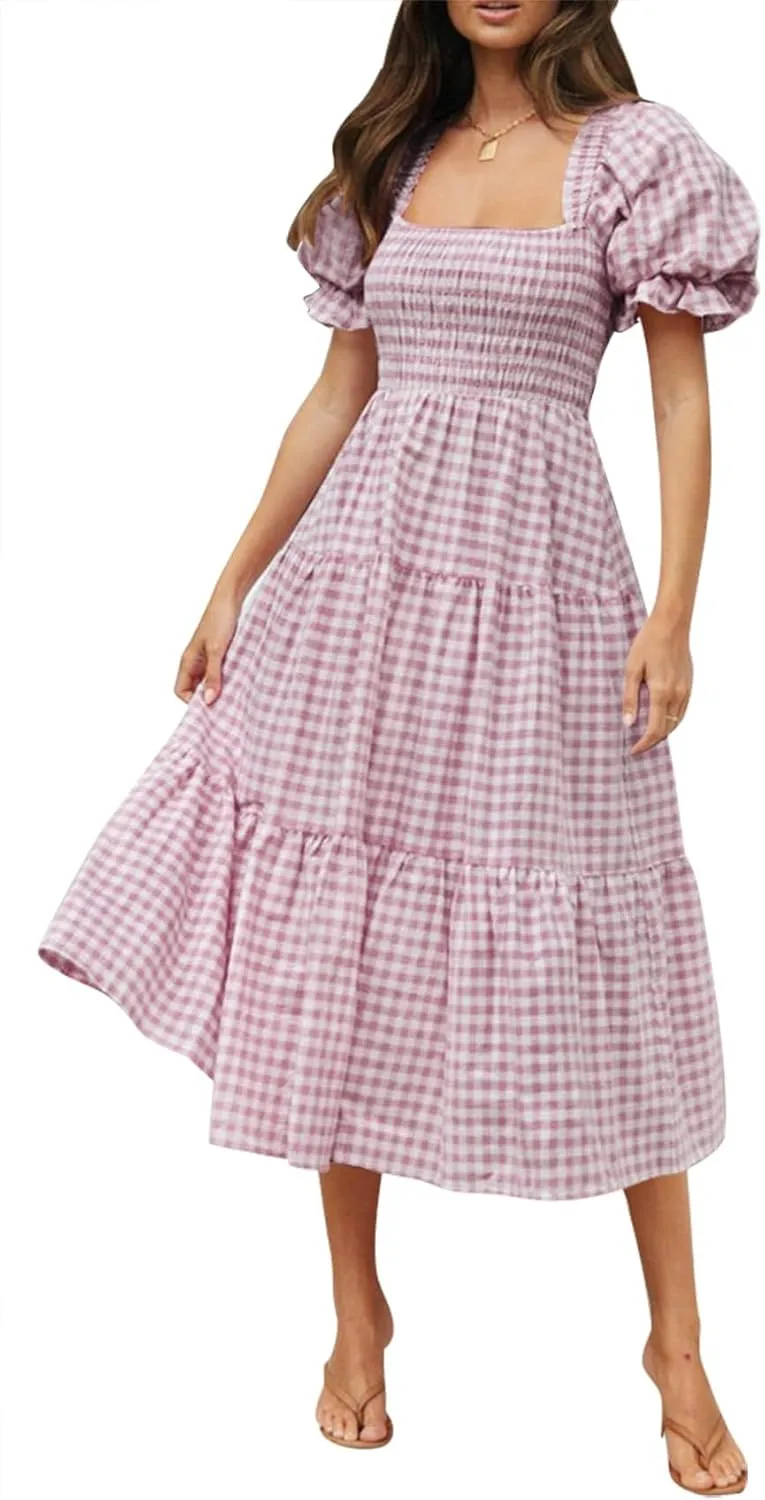 ZESICA Women's 2025 Bohemian Summer Plaid Square Neck Puff Sleeve Ruffle Flowy Beach Midi Dress