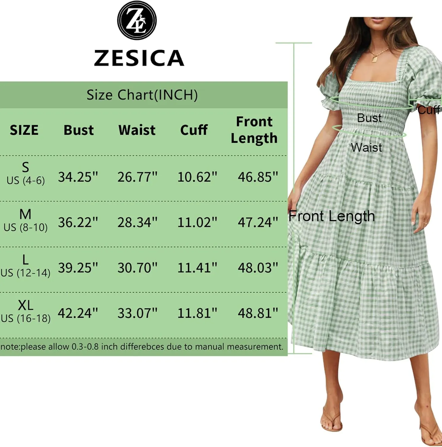 ZESICA Women's 2025 Bohemian Summer Plaid Square Neck Puff Sleeve Ruffle Flowy Beach Midi Dress