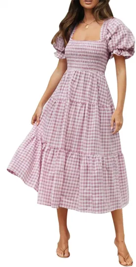 ZESICA Women's 2025 Bohemian Summer Plaid Square Neck Puff Sleeve Ruffle Flowy Beach Midi Dress