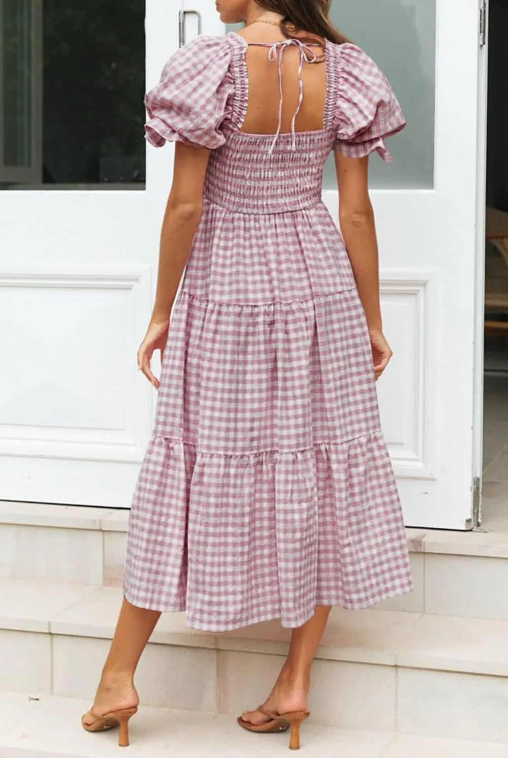 ZESICA Women's 2025 Bohemian Summer Plaid Square Neck Puff Sleeve Ruffle Flowy Beach Midi Dress