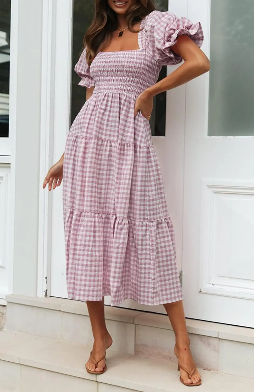 ZESICA Women's 2025 Bohemian Summer Plaid Square Neck Puff Sleeve Ruffle Flowy Beach Midi Dress