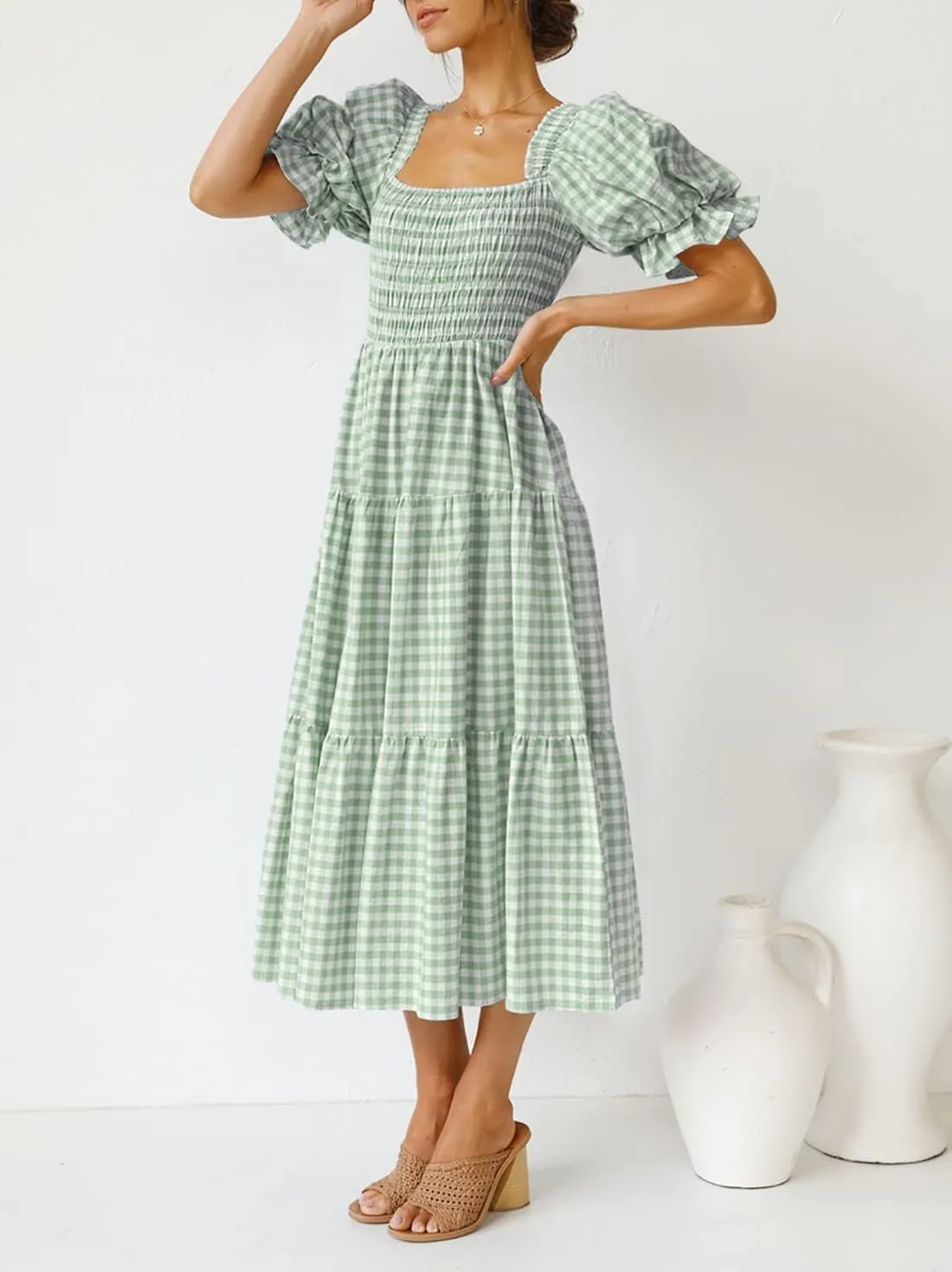 ZESICA Women's 2025 Bohemian Summer Plaid Square Neck Puff Sleeve Ruffle Flowy Beach Midi Dress