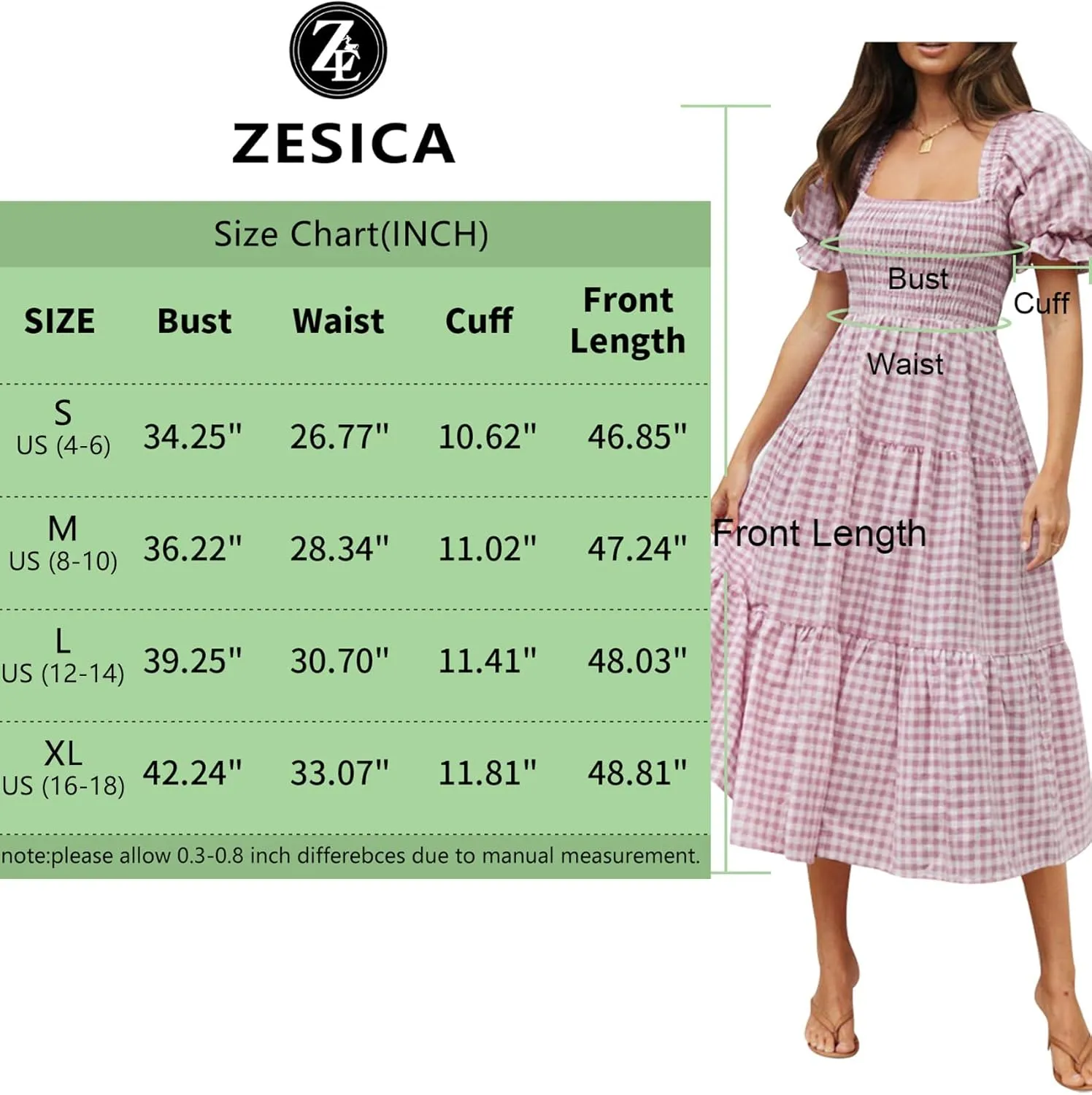 ZESICA Women's 2025 Bohemian Summer Plaid Square Neck Puff Sleeve Ruffle Flowy Beach Midi Dress