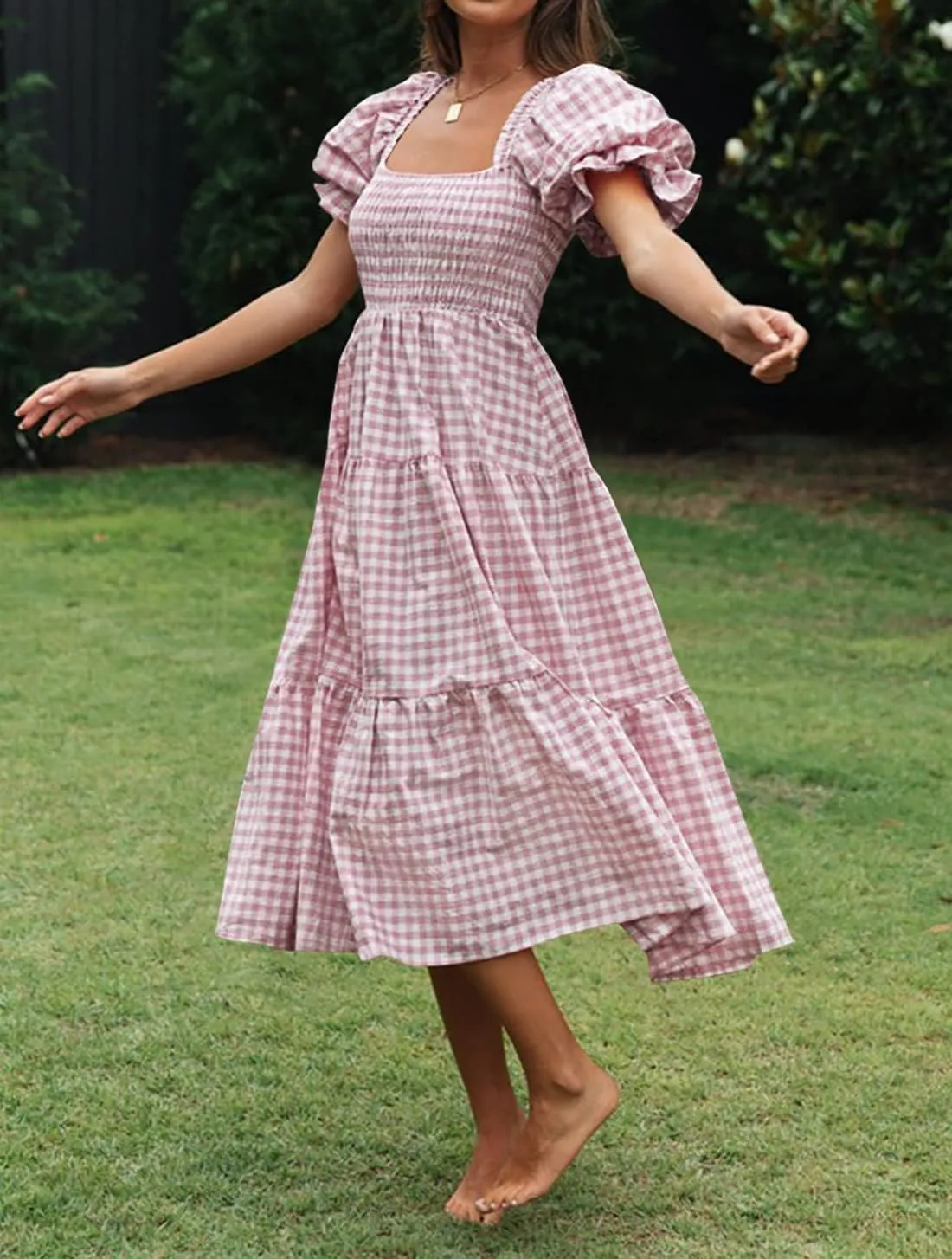 ZESICA Women's 2025 Bohemian Summer Plaid Square Neck Puff Sleeve Ruffle Flowy Beach Midi Dress