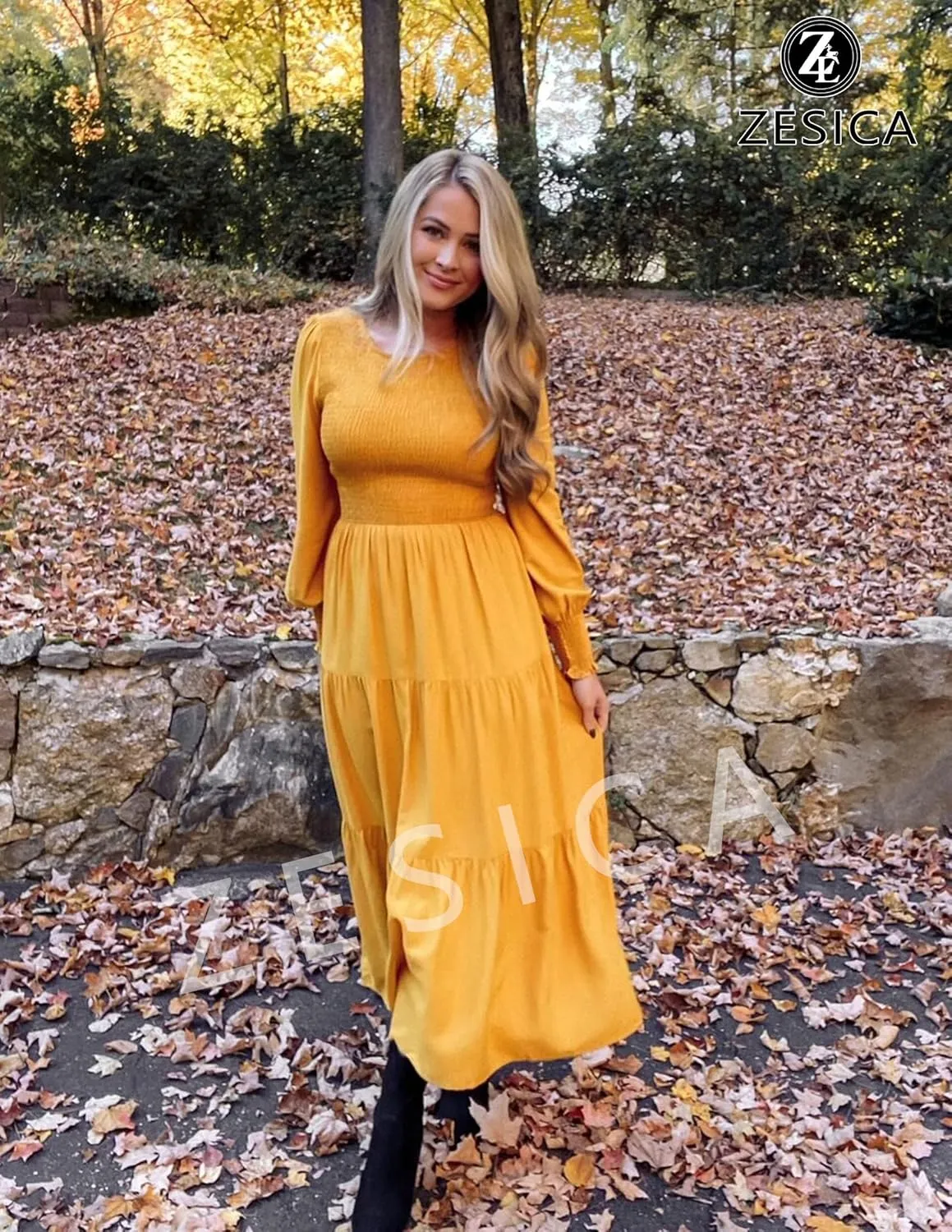 ZESICA Women's Casual Long Sleeve Crew Neck High Waist Smocked Flowy Tiered Midi Dress