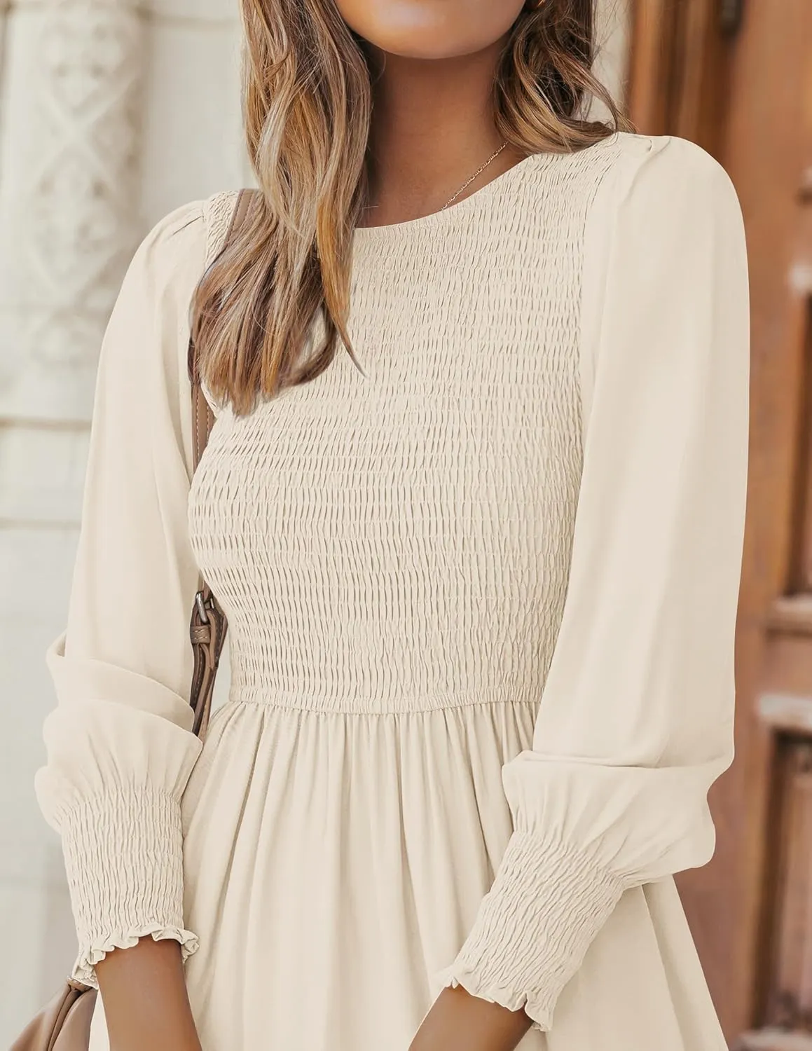 ZESICA Women's Casual Long Sleeve Crew Neck High Waist Smocked Flowy Tiered Midi Dress
