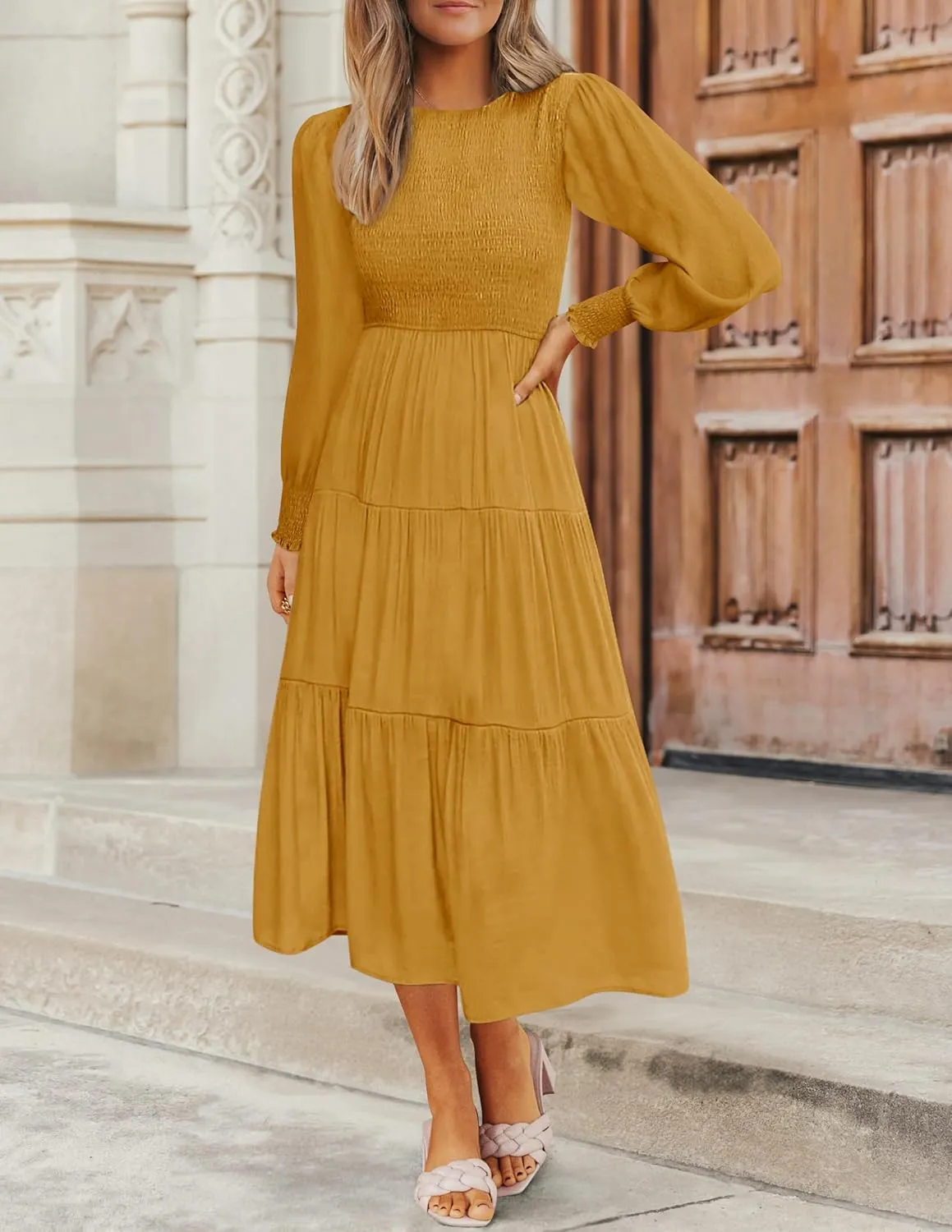 ZESICA Women's Casual Long Sleeve Crew Neck High Waist Smocked Flowy Tiered Midi Dress