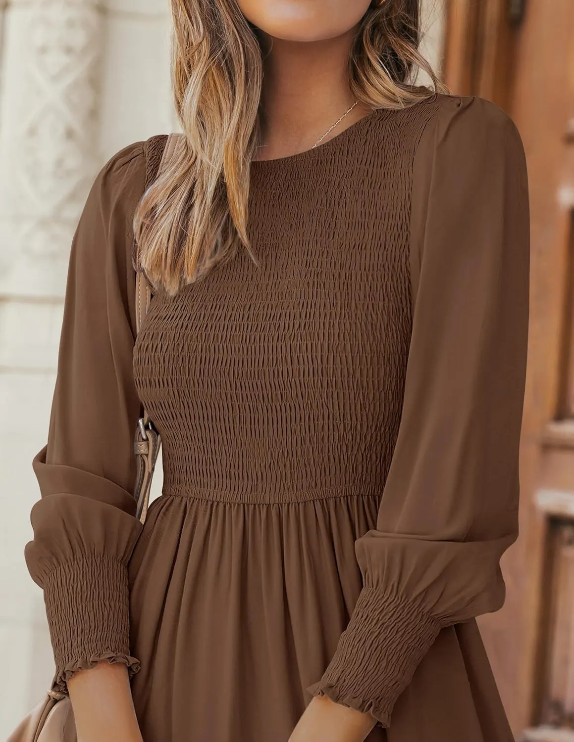 ZESICA Women's Casual Long Sleeve Crew Neck High Waist Smocked Flowy Tiered Midi Dress