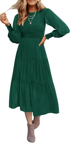 ZESICA Women's Casual Long Sleeve Crew Neck High Waist Smocked Flowy Tiered Midi Dress