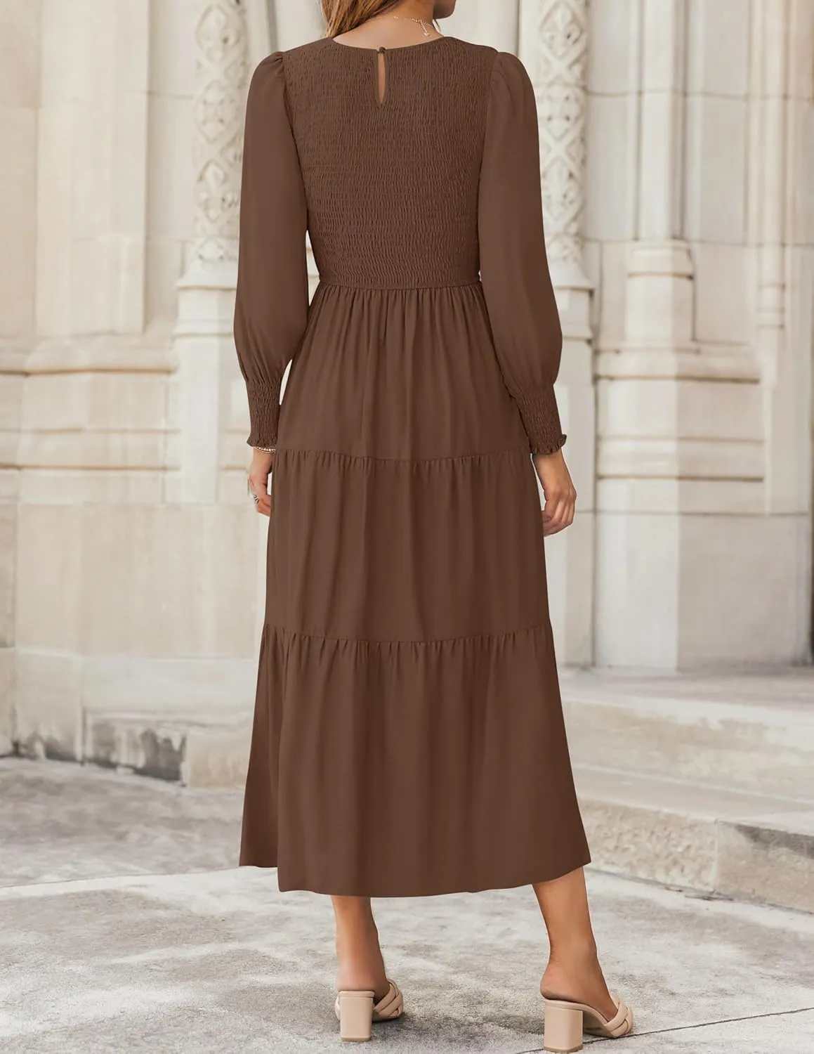 ZESICA Women's Casual Long Sleeve Crew Neck High Waist Smocked Flowy Tiered Midi Dress