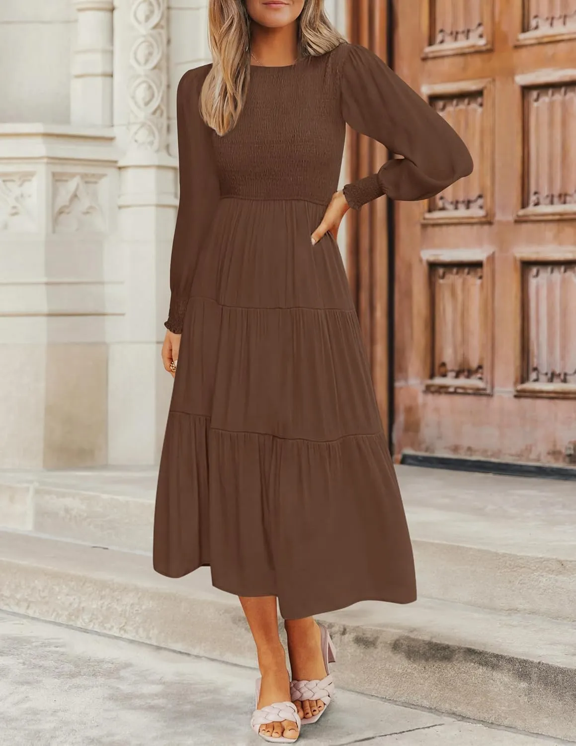 ZESICA Women's Casual Long Sleeve Crew Neck High Waist Smocked Flowy Tiered Midi Dress