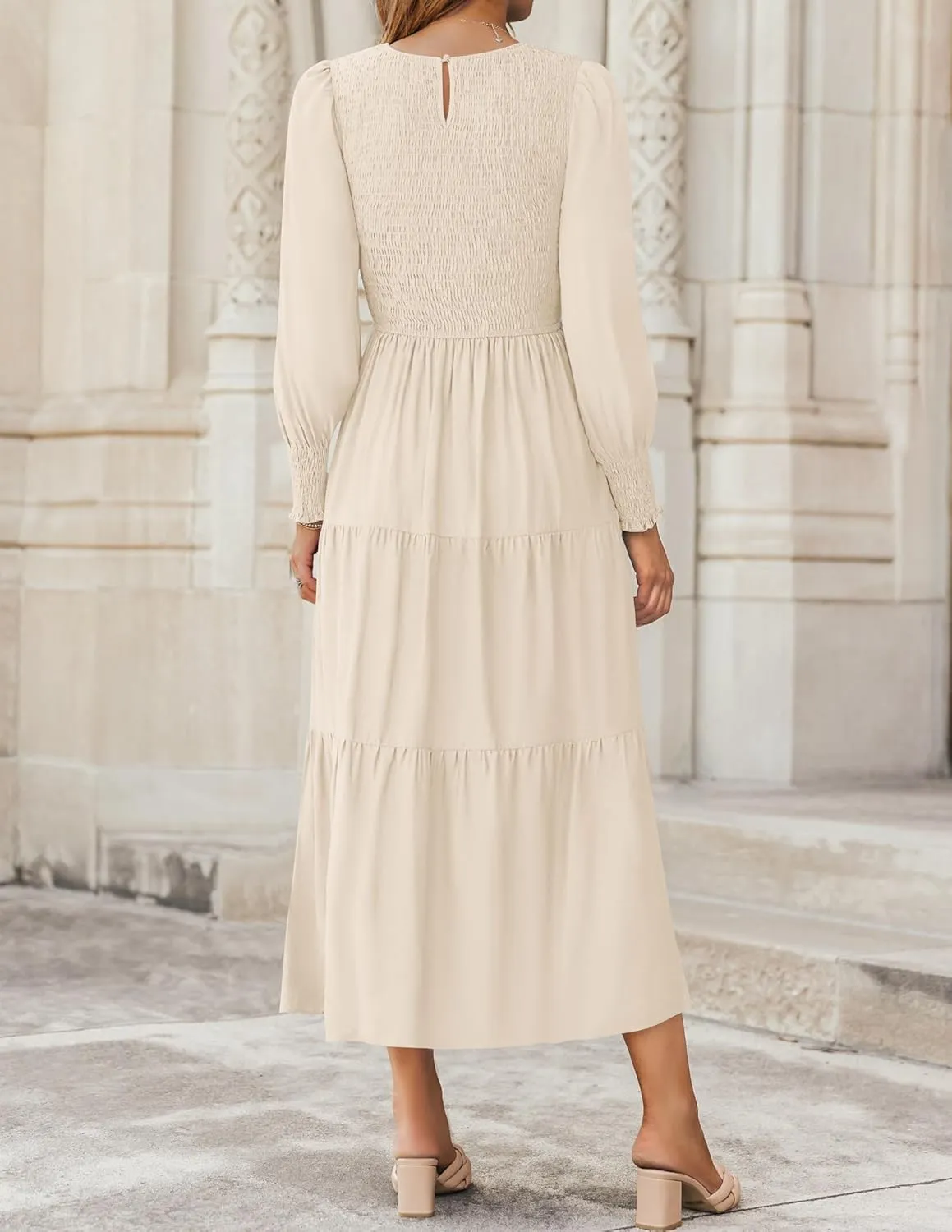 ZESICA Women's Casual Long Sleeve Crew Neck High Waist Smocked Flowy Tiered Midi Dress