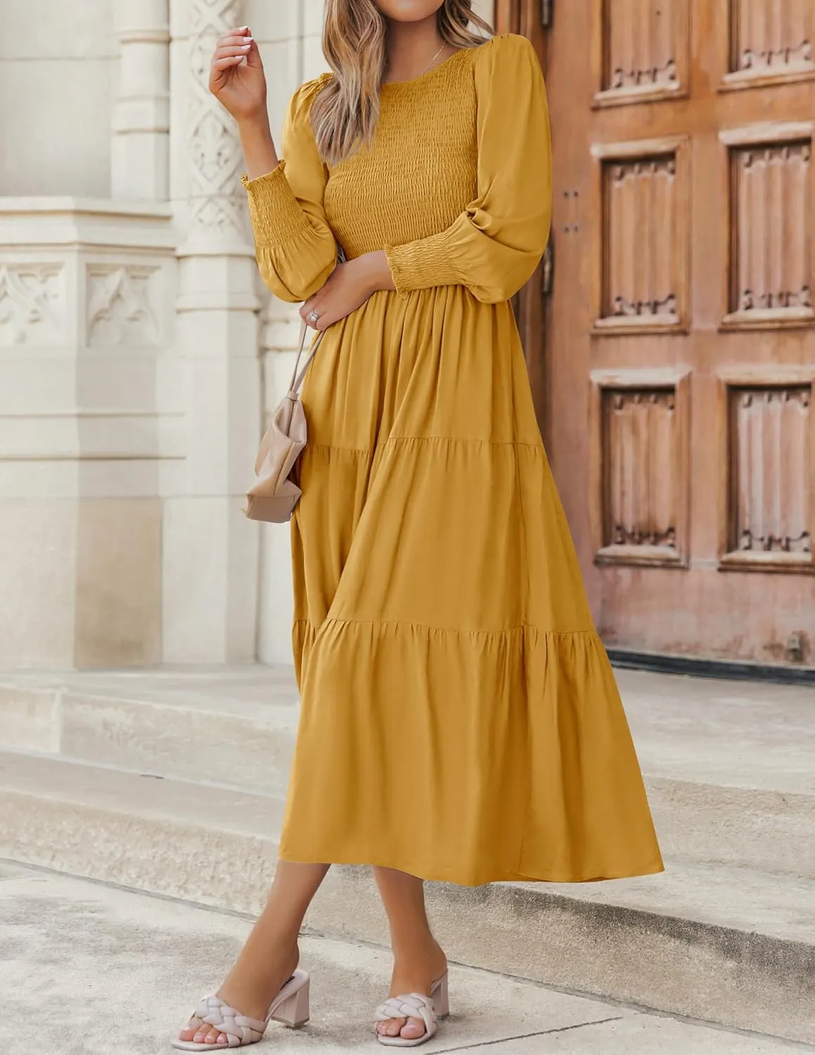 ZESICA Women's Casual Long Sleeve Crew Neck High Waist Smocked Flowy Tiered Midi Dress