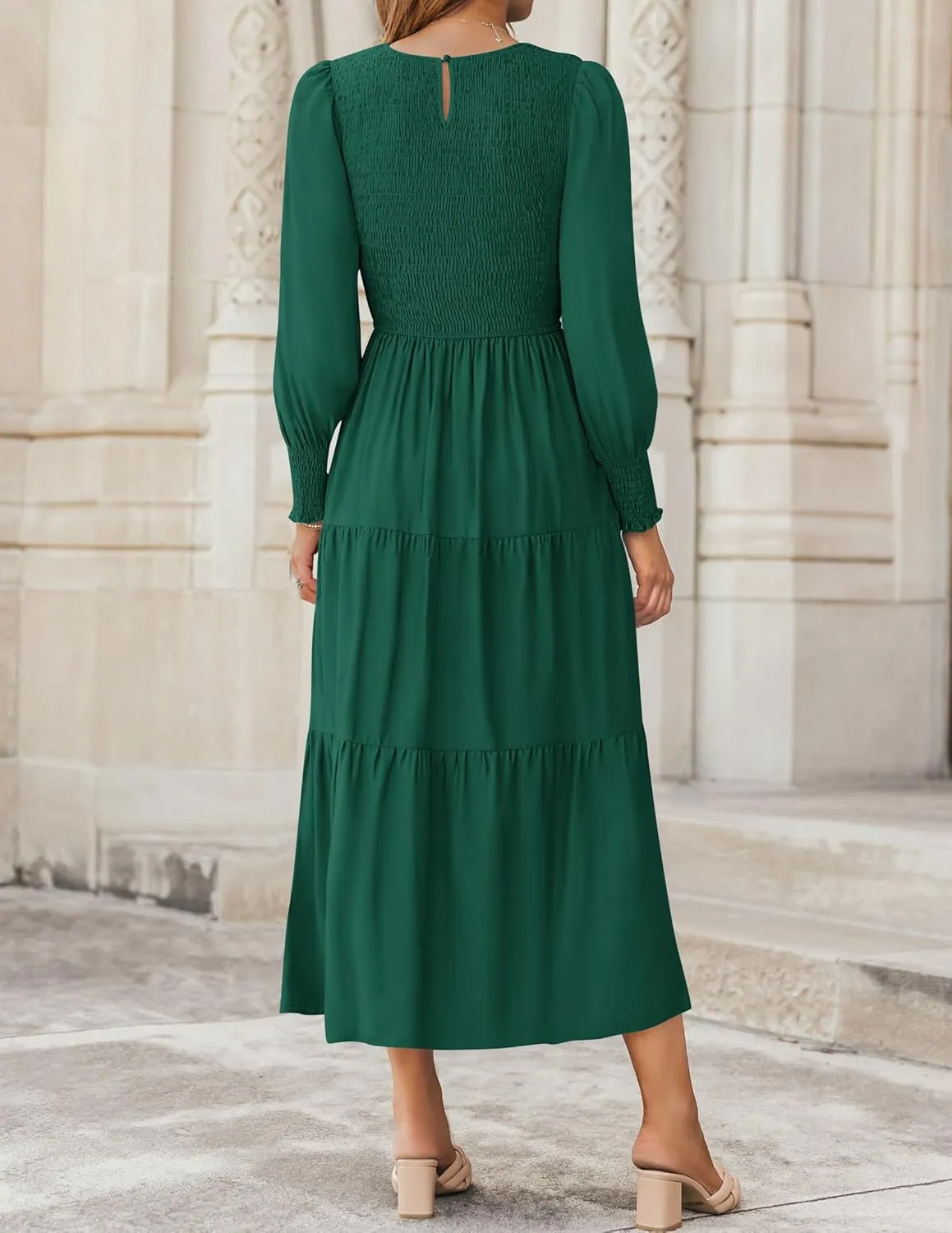 ZESICA Women's Casual Long Sleeve Crew Neck High Waist Smocked Flowy Tiered Midi Dress