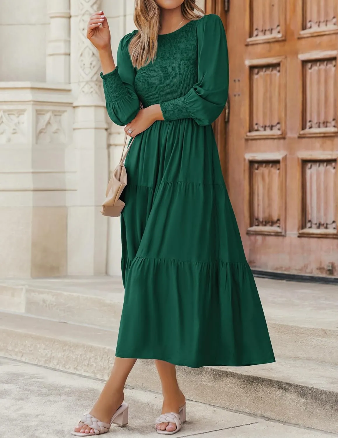 ZESICA Women's Casual Long Sleeve Crew Neck High Waist Smocked Flowy Tiered Midi Dress