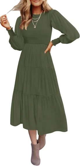 ZESICA Women's Casual Long Sleeve Crew Neck High Waist Smocked Flowy Tiered Midi Dress