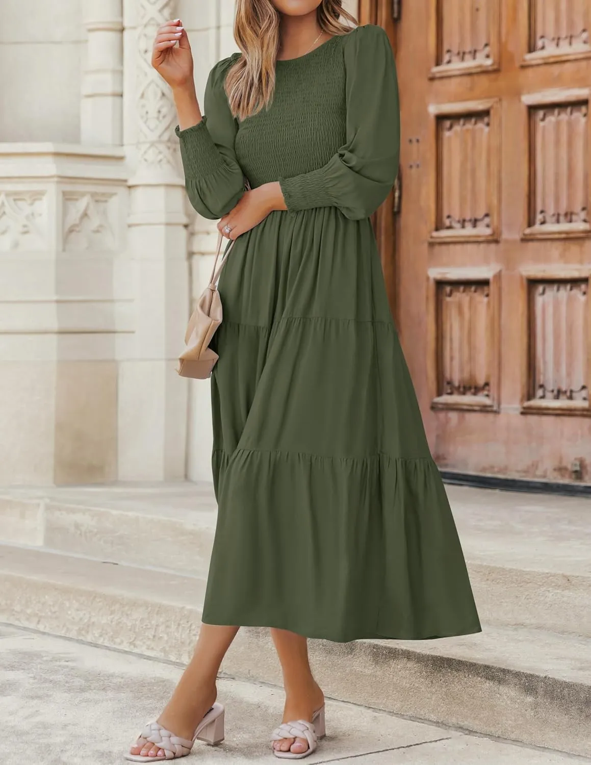ZESICA Women's Casual Long Sleeve Crew Neck High Waist Smocked Flowy Tiered Midi Dress