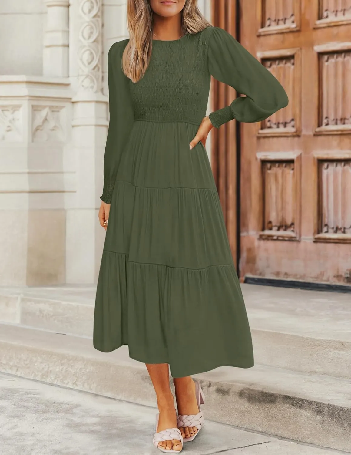 ZESICA Women's Casual Long Sleeve Crew Neck High Waist Smocked Flowy Tiered Midi Dress
