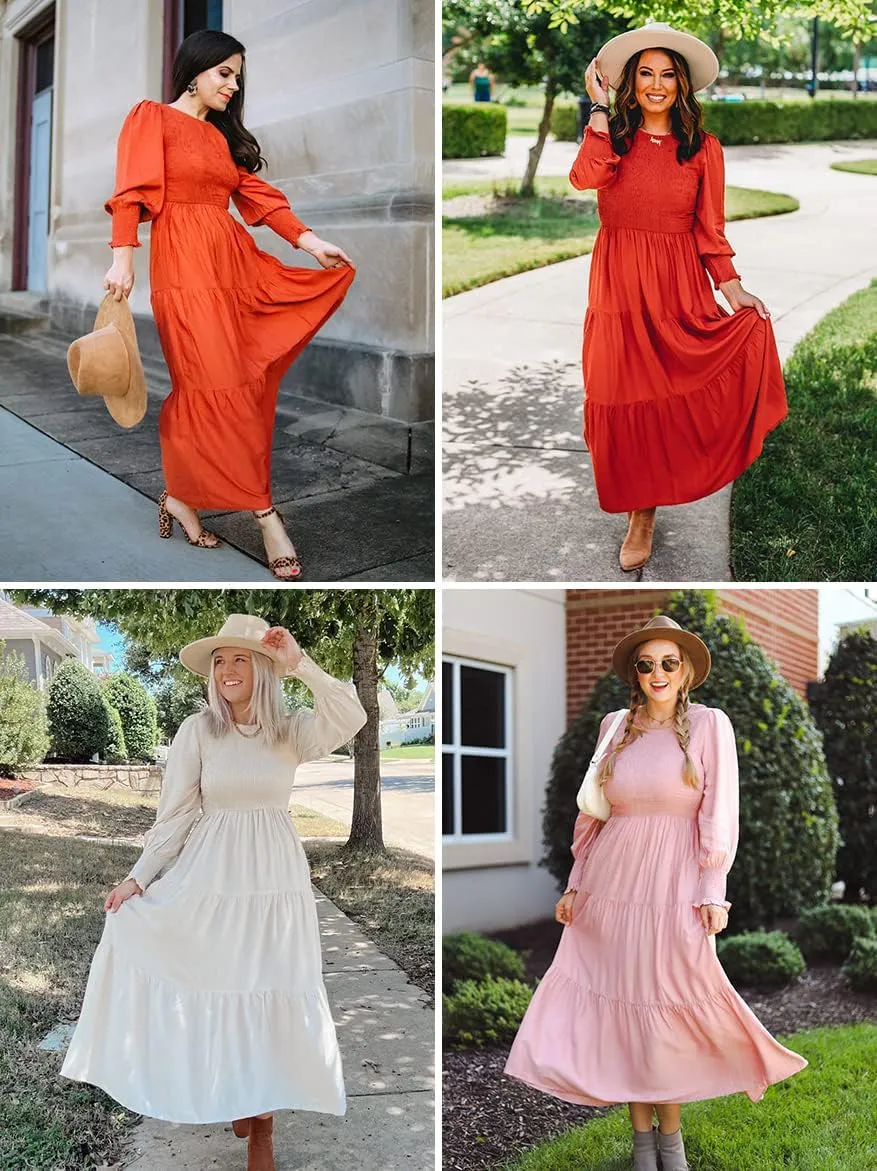 ZESICA Women's Casual Long Sleeve Crew Neck High Waist Smocked Flowy Tiered Midi Dress
