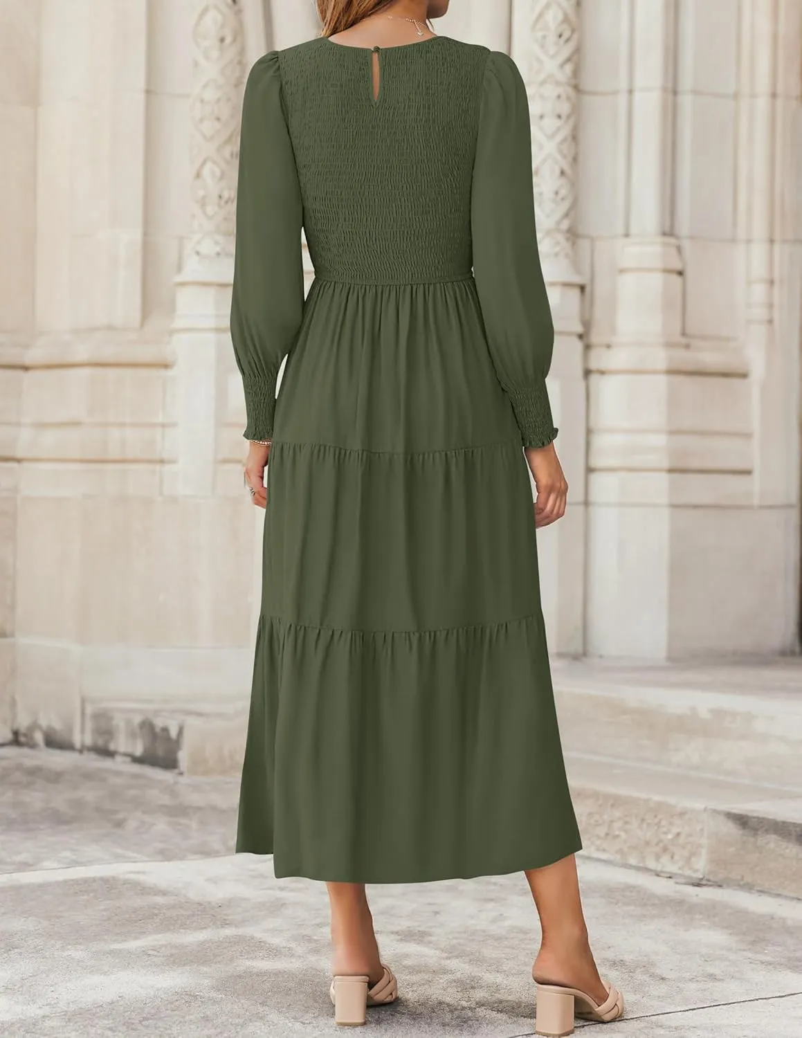ZESICA Women's Casual Long Sleeve Crew Neck High Waist Smocked Flowy Tiered Midi Dress