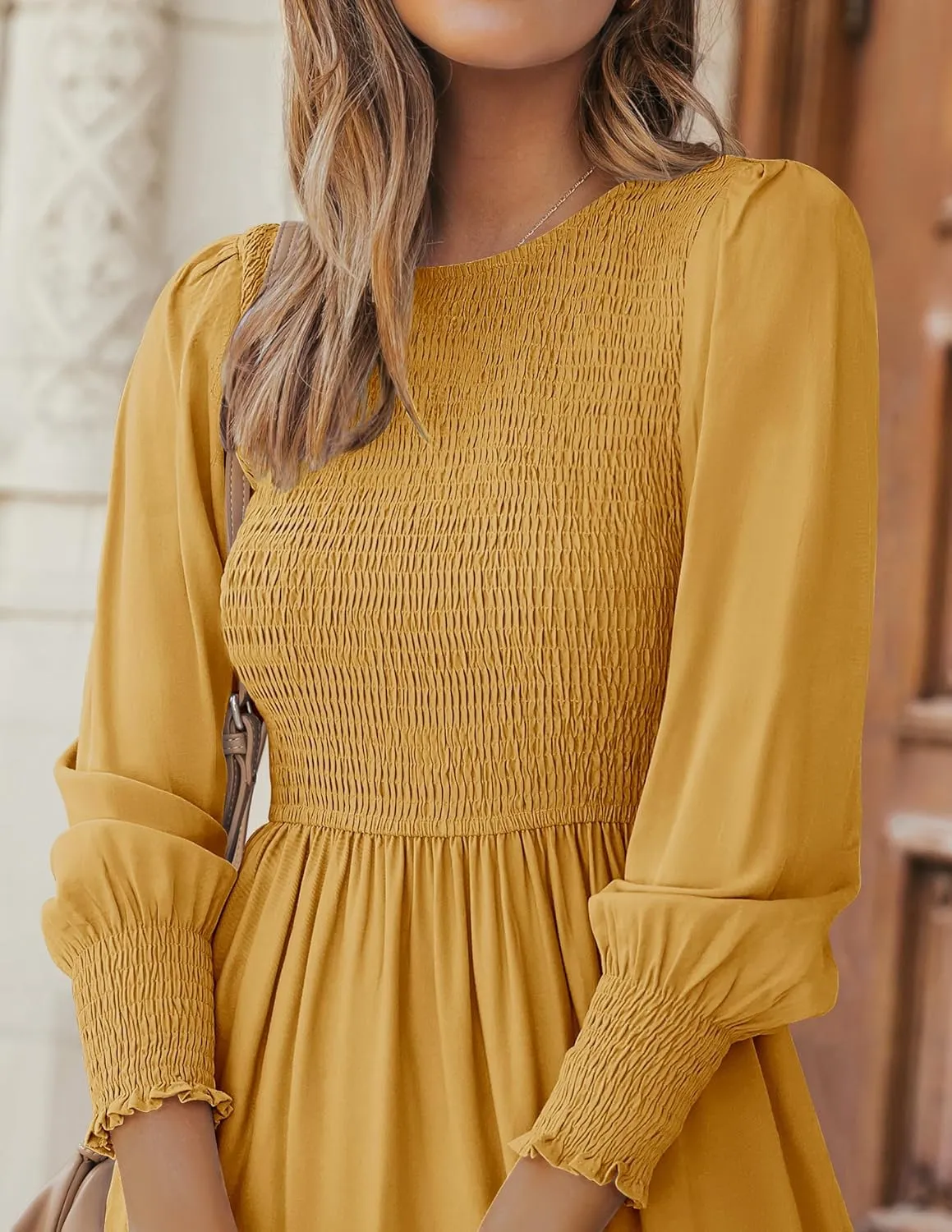ZESICA Women's Casual Long Sleeve Crew Neck High Waist Smocked Flowy Tiered Midi Dress