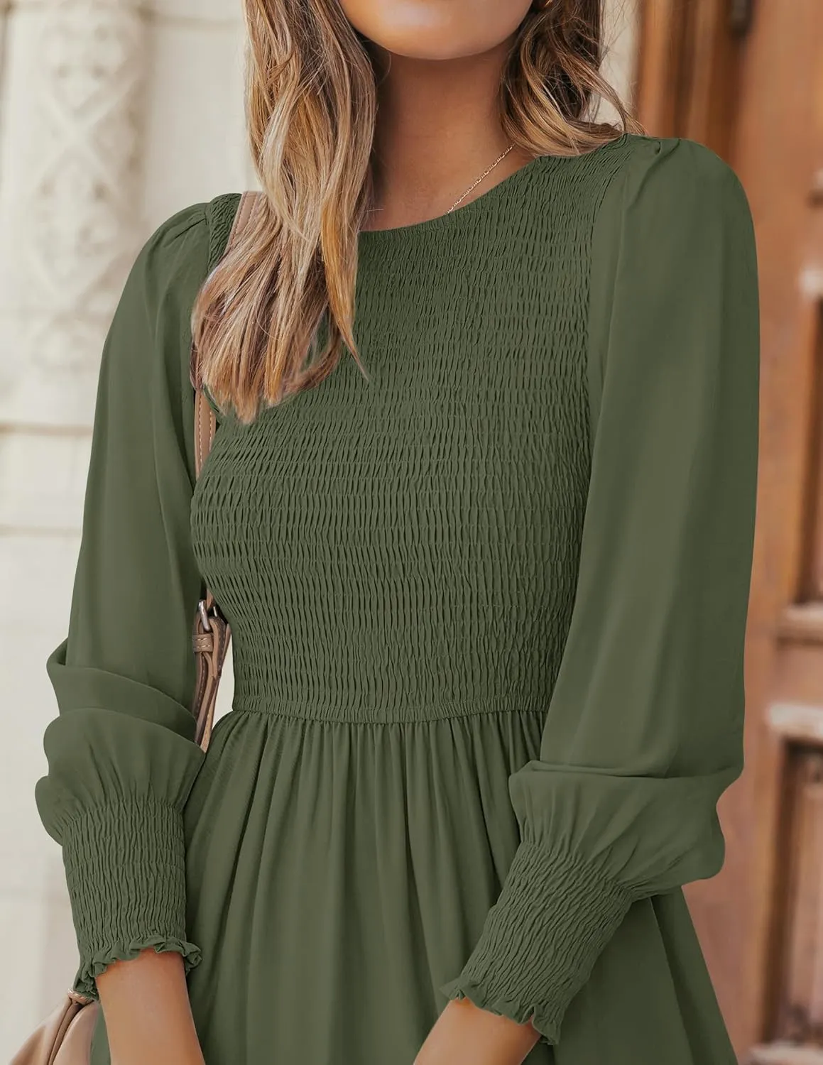 ZESICA Women's Casual Long Sleeve Crew Neck High Waist Smocked Flowy Tiered Midi Dress