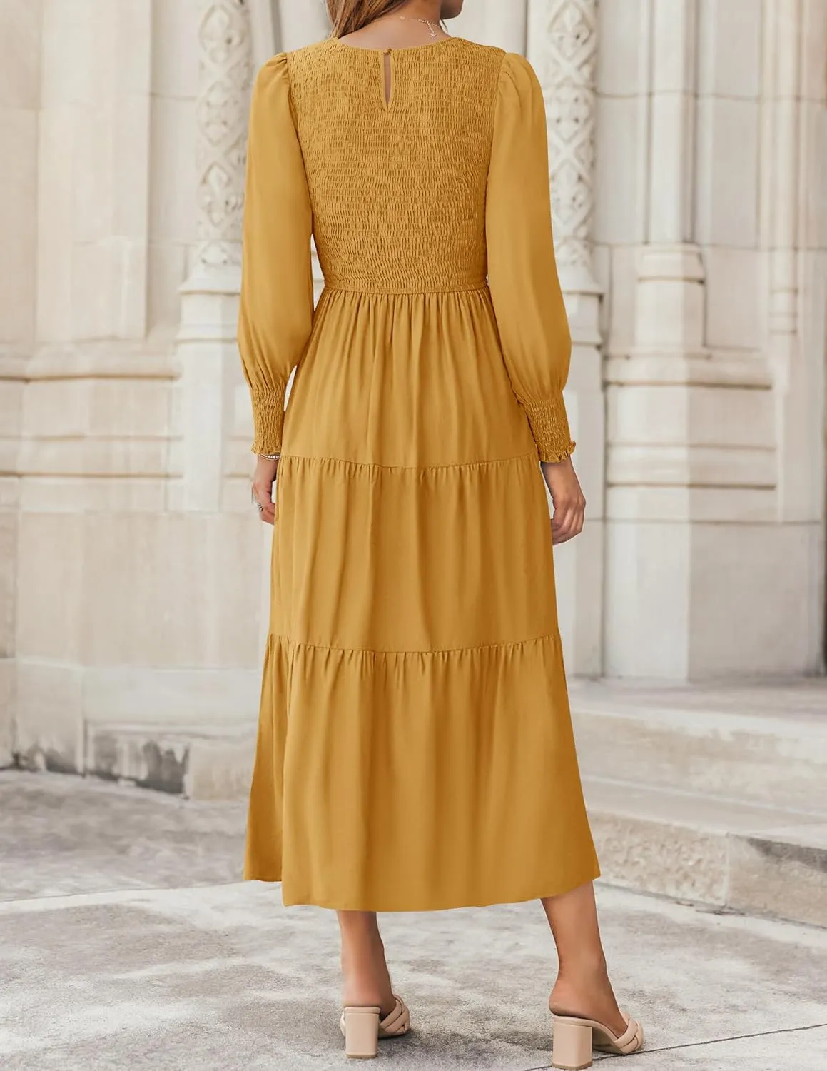 ZESICA Women's Casual Long Sleeve Crew Neck High Waist Smocked Flowy Tiered Midi Dress