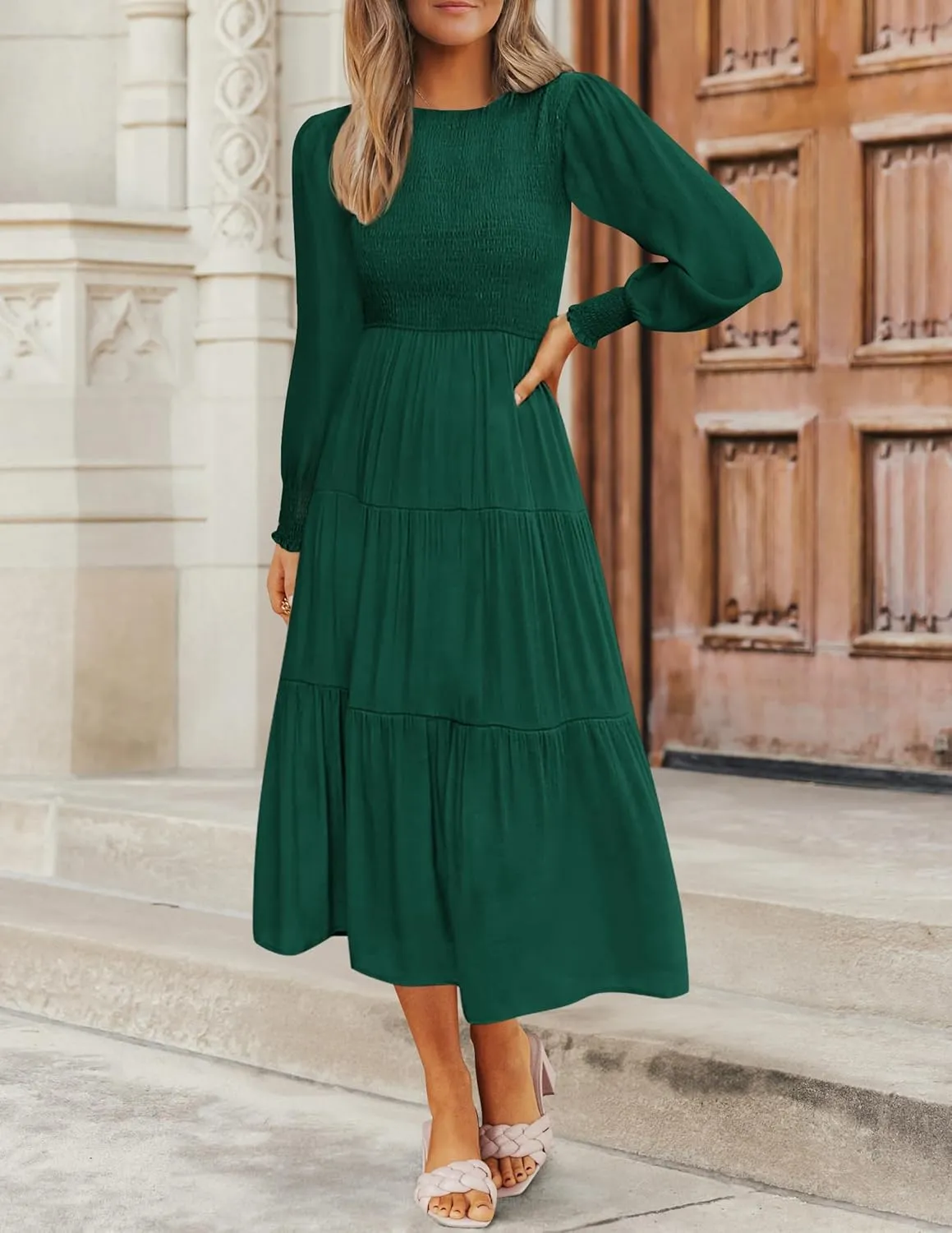 ZESICA Women's Casual Long Sleeve Crew Neck High Waist Smocked Flowy Tiered Midi Dress